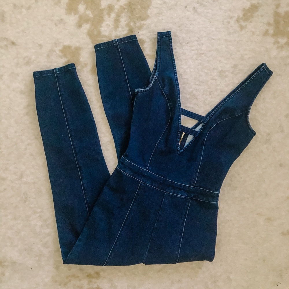 Bebe denim/jean jumpsuit worn ONLY once